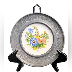Bassano Hand Painted Floral Ceramic Plate set in Pewter frame.